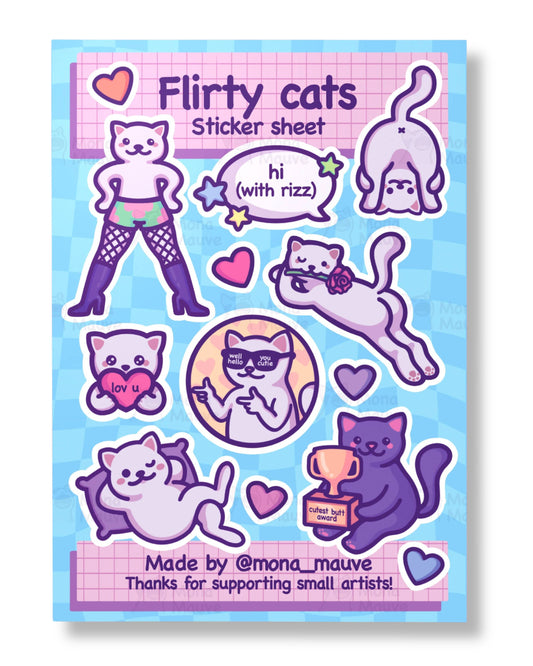 Sticker sheet with cartoon cats and text on a blue and pink background