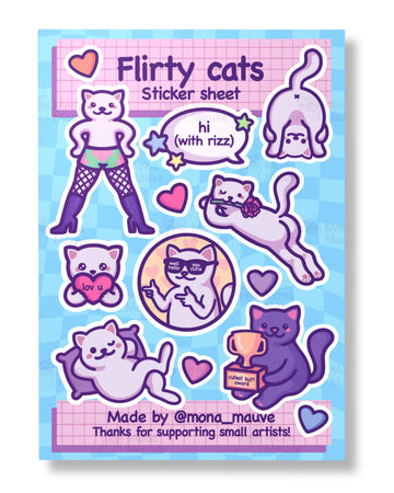 Sticker sheet with cartoon cats and text on a blue and pink background