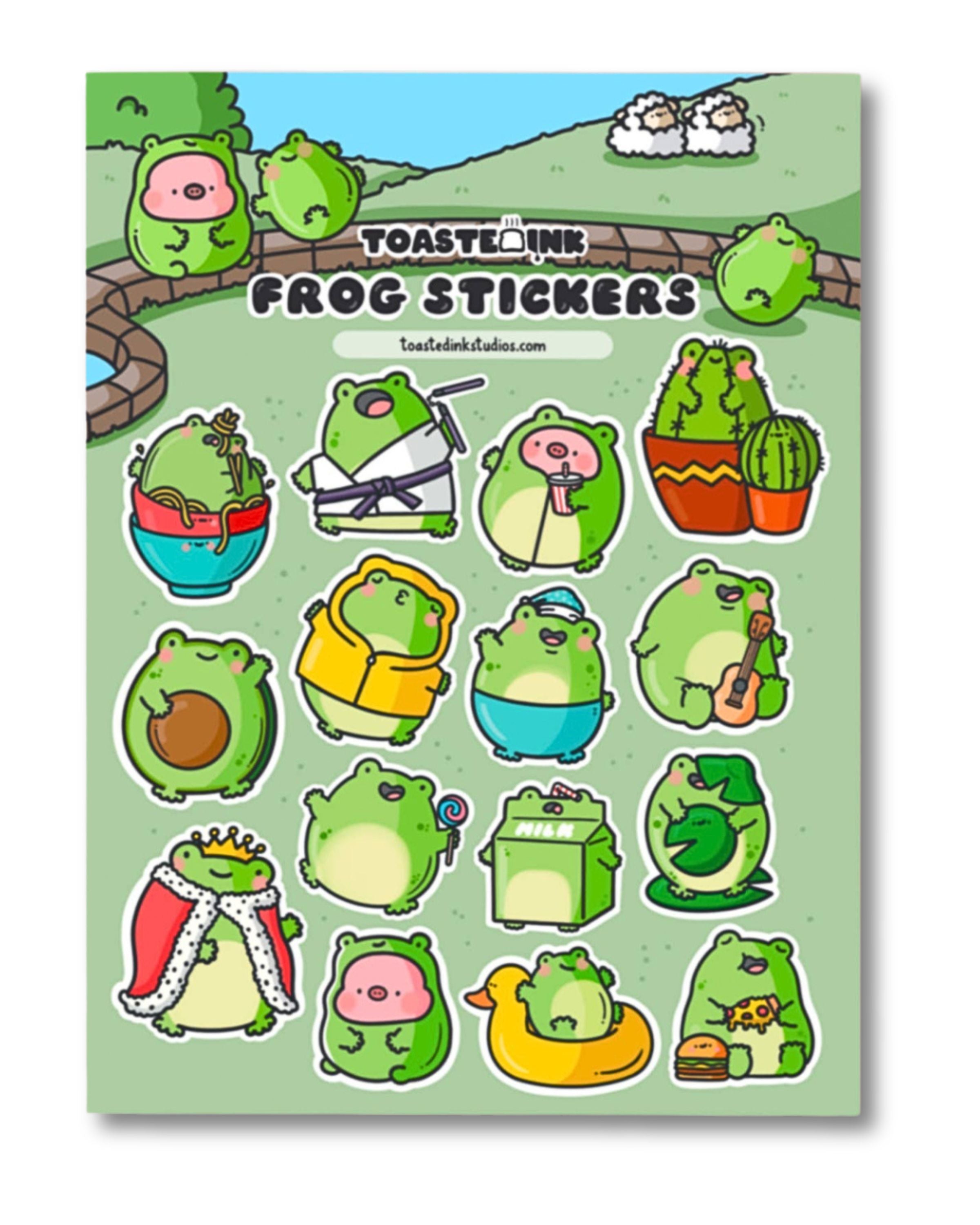 Sheet of frog stickers with various poses and accessories on a green background, branded 'Toast & Jam'.