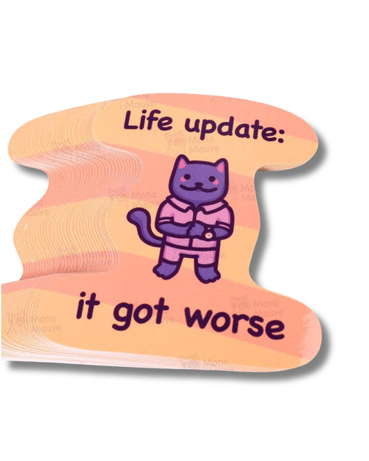 Decorative item with cartoon cat and text 'Life update: it got worse' on a white background