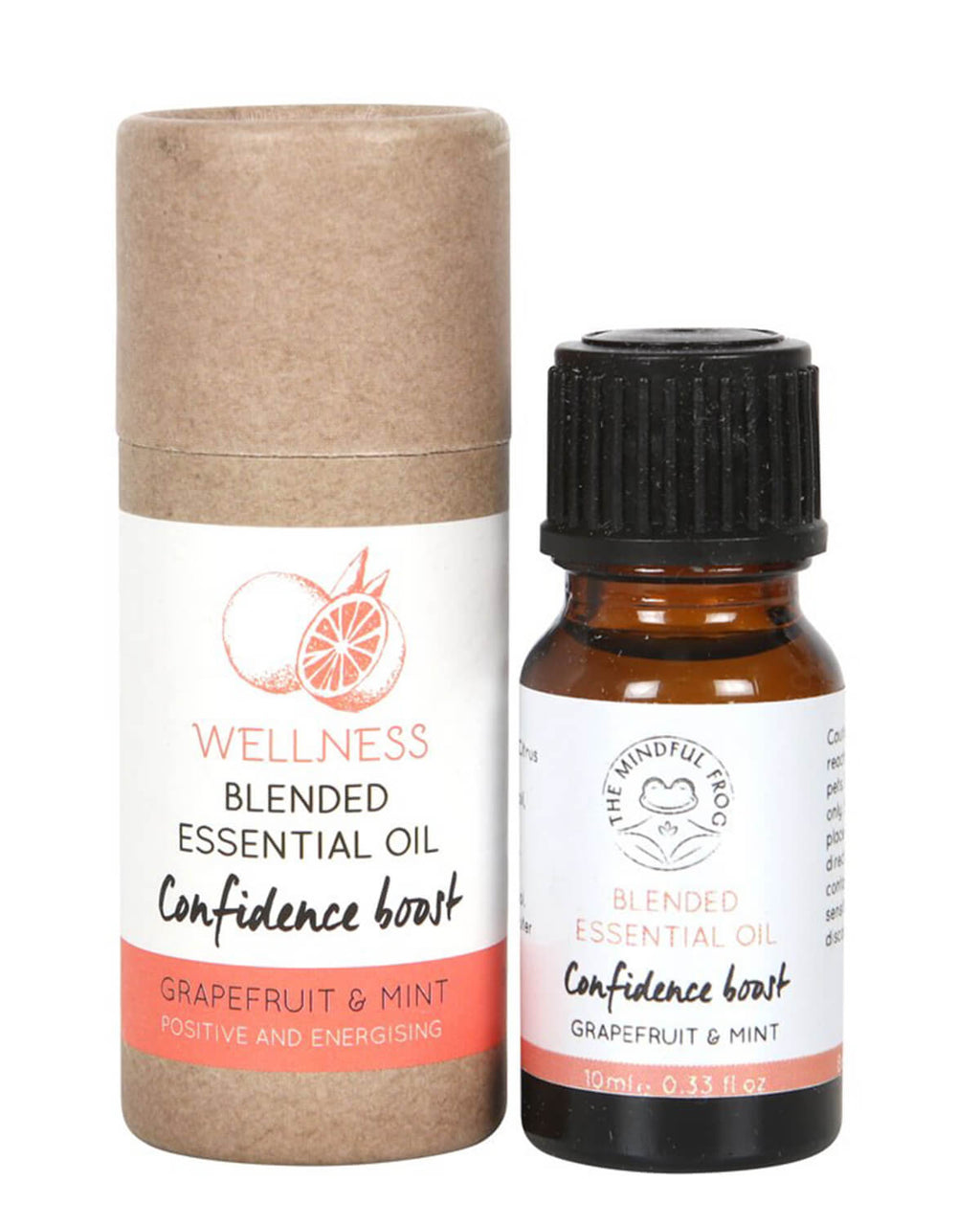 A 10ml amber glass bottle of Grapefruit & Mint Blended Essential Oil labeled “Confidence Boost,” alongside a recyclable cardboard tube with a minimalist design and grapefruit illustration. The label highlights “Positive and Energising” benefits from The Mindful Frog brand.