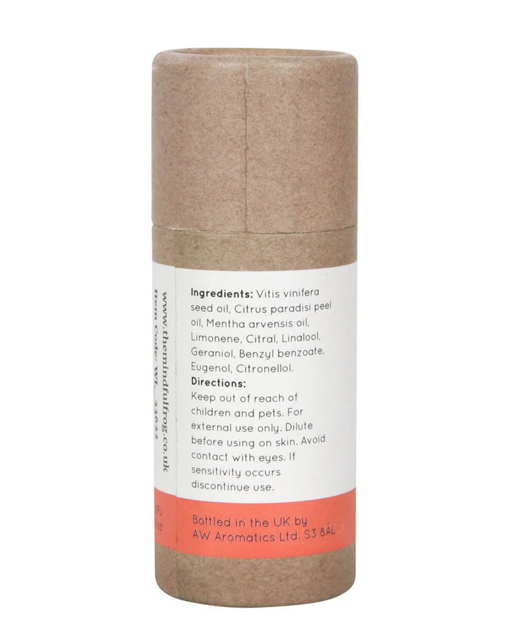  Close-up of the back of the cardboard tube showing ingredients including vitis vinifera (grape) seed oil, citrus paradisi (grapefruit) peel oil, and mentha arvensis (mint) oil. Directions for use are also visible, advising external use only and dilution before skin application.
