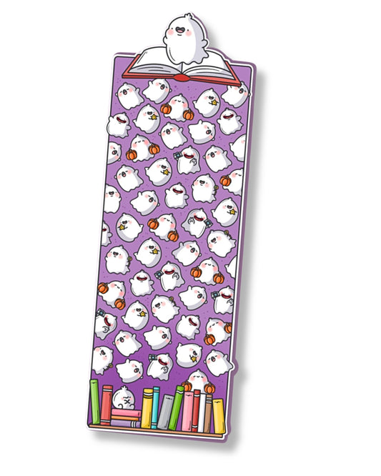 Bookmark with cartoon ghost design on a purple background
