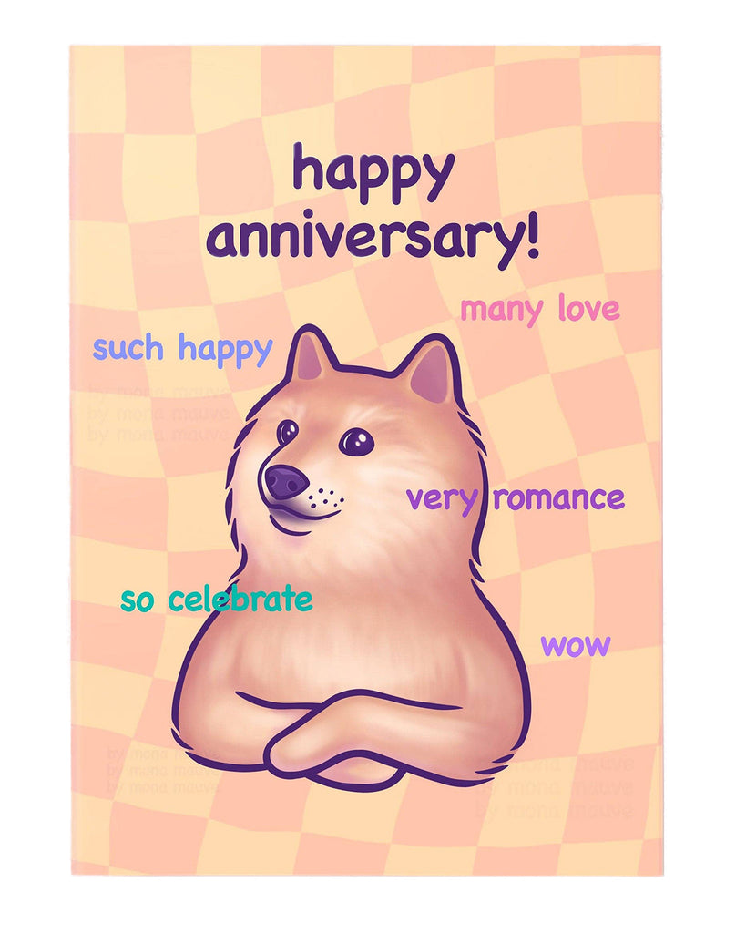 Funny anniversary card featuring Doge meme-inspired Shiba Inu illustration with folded arms on a peach and orange checkered background. Surrounded by phrases like “such happy”, “very romance”, and “many love”, with bold “happy anniversary!” text at the top. Designed by Mona Mauve for Rebel Romance. A humorous and cute meme card perfect for celebrating love and relationships in a playful way.