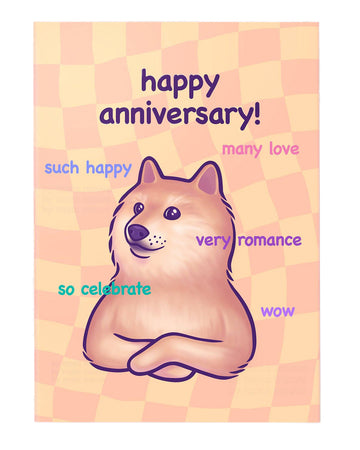 Funny anniversary card featuring Doge meme-inspired Shiba Inu illustration with folded arms on a peach and orange checkered background. Surrounded by phrases like “such happy”, “very romance”, and “many love”, with bold “happy anniversary!” text at the top. Designed by Mona Mauve for Rebel Romance. A humorous and cute meme card perfect for celebrating love and relationships in a playful way.
