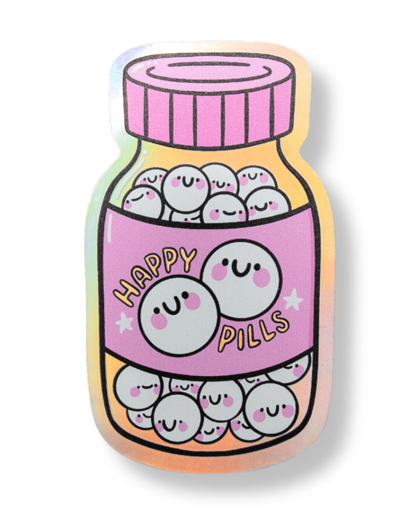 Sticker shaped like a bottle labeled 'Happy Pills' with pink cap and colourful body.