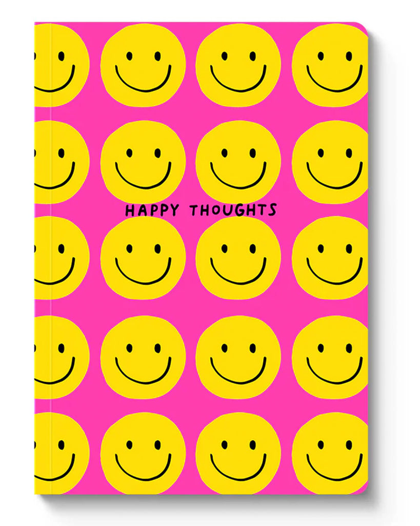 Bright and bold A5 notebook featuring a hot pink cover with an all-over yellow face pattern and the phrase “Happy Thoughts” in black text. Designed by Ashkahn and stocked by Rebel Romance, this softcover notebook has 128 pages and measures 215 x 158 mm. Ideal for journaling, doodling, and gifting to stationery lovers who adore retro, positive, and playful designs.