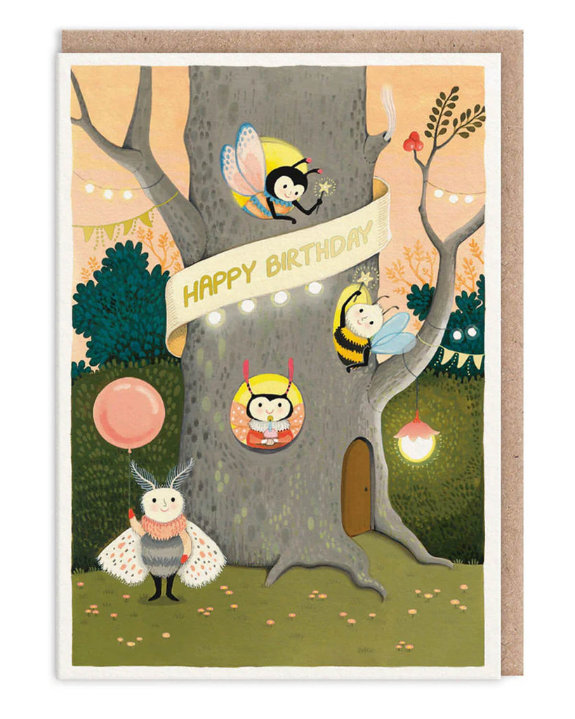Whimsical A6 birthday card featuring cute bugs and moths celebrating in a treehouse with a “Happy Birthday” banner, fairy lights, and decorations. Designed by Joo Joo Paper and stocked by Rebel Romance, this card includes neon finishes and comes with a kraft envelope. A charming, woodland-themed card perfect for children, nature lovers, and magical birthday greetings.