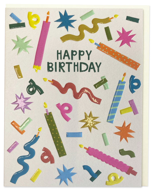 Happy Birthday Candle mini card by Raspberry Blossom with colourful candle, star and streamer design, made in the UK