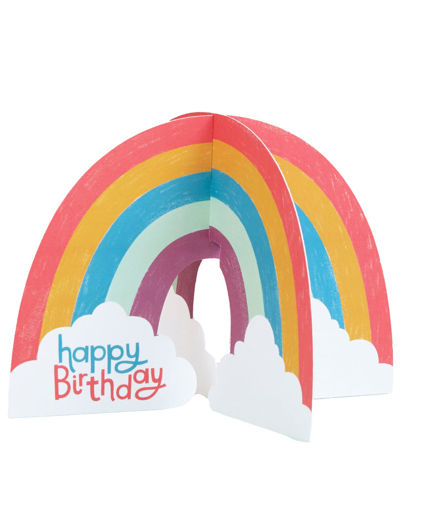 3D fold-out rainbow birthday card with vibrant red, orange, yellow, green, blue, and purple arches rising from fluffy white clouds. The clouds feature the words “happy birthday” in bold red and blue lettering. Finished with emboss and spot UV for a glossy, luxury look. Comes with a mint envelope. Designed and made in the UK, fully recyclable.
