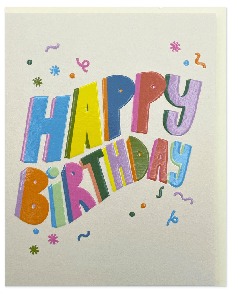 Happy Birthday mini card by Raspberry Blossom featuring bold colourful lettering and confetti design, made in the UK