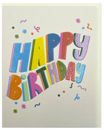 Happy Birthday mini card by Raspberry Blossom featuring bold colourful lettering and confetti design, made in the UK