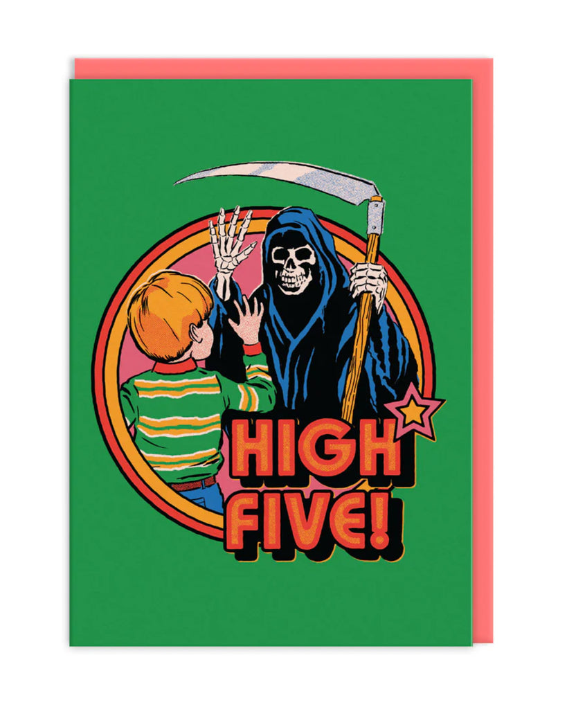 “High Five!” Death Card: A darkly comedic card showcasing a child high-fiving the Grim Reaper, with a retro-style design and vibrant colours, adding a cheeky twist to the concept of mortality.