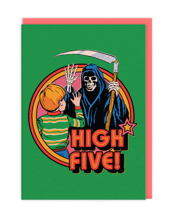 “High Five!” Death Card: A darkly comedic card showcasing a child high-fiving the Grim Reaper, with a retro-style design and vibrant colours, adding a cheeky twist to the concept of mortality.