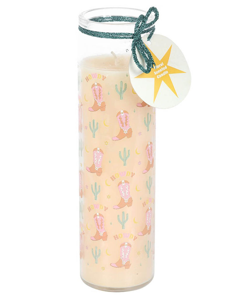 Full view of the Howdy floral candle in a glass tube tied with rustic green twine and featuring pastel Western-themed illustrations.