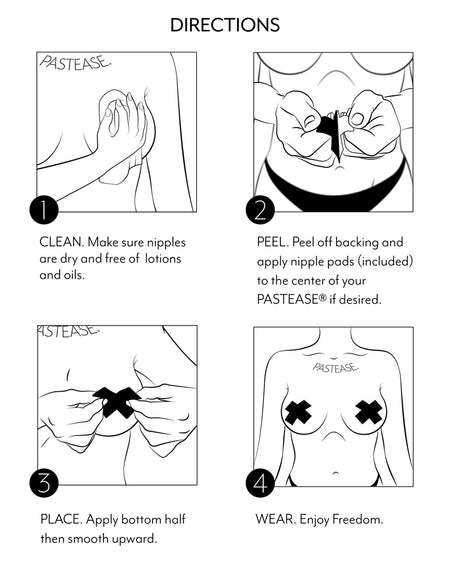 how to guide of how to fit the pasties onto your skin safely. clean the area, peel off the backing and apply the nipple pads, place the bottom half of the pastie first then wear and enjoy.