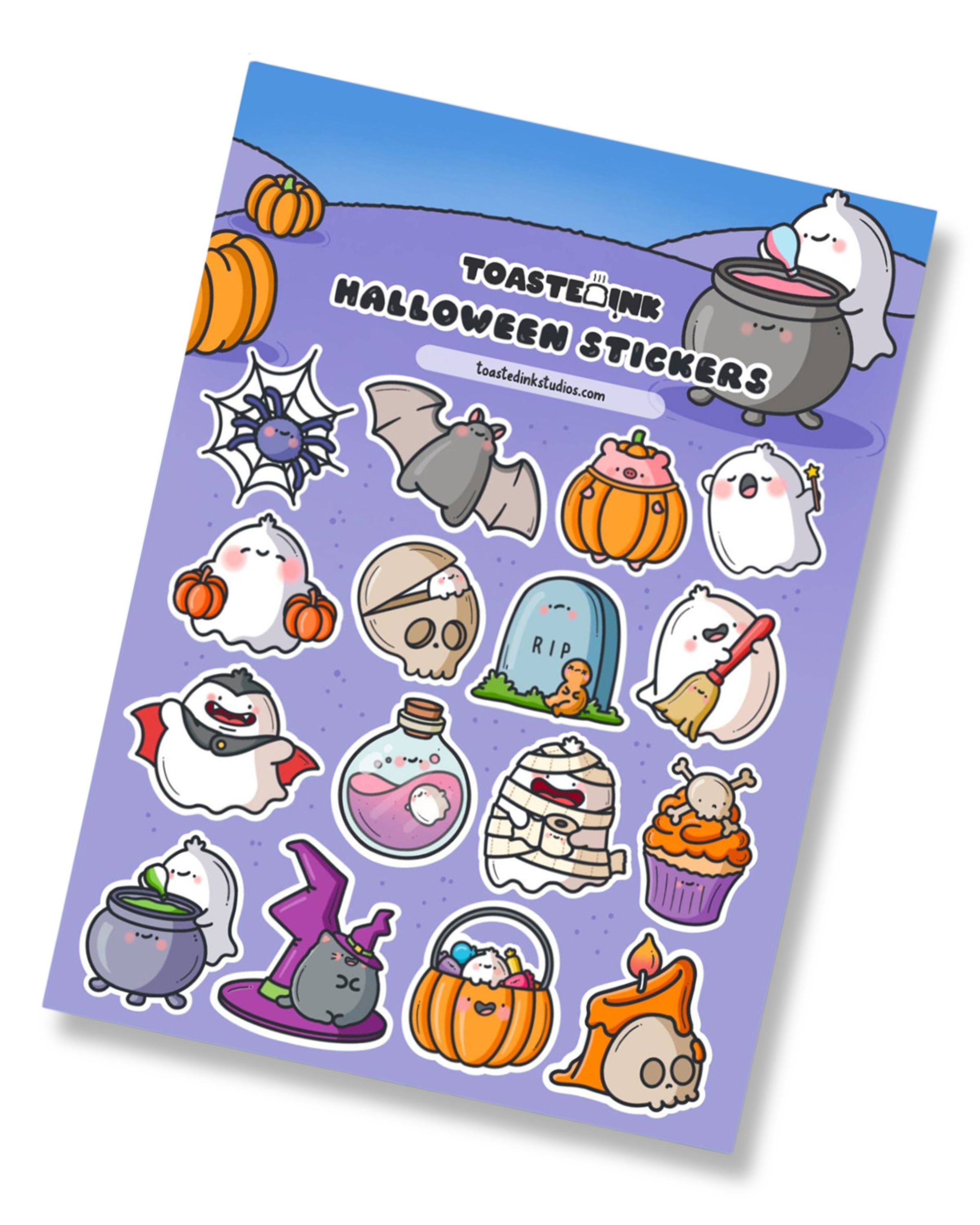 Sheet of Halloween-themed stickers with various cute illustrations on a purple background.