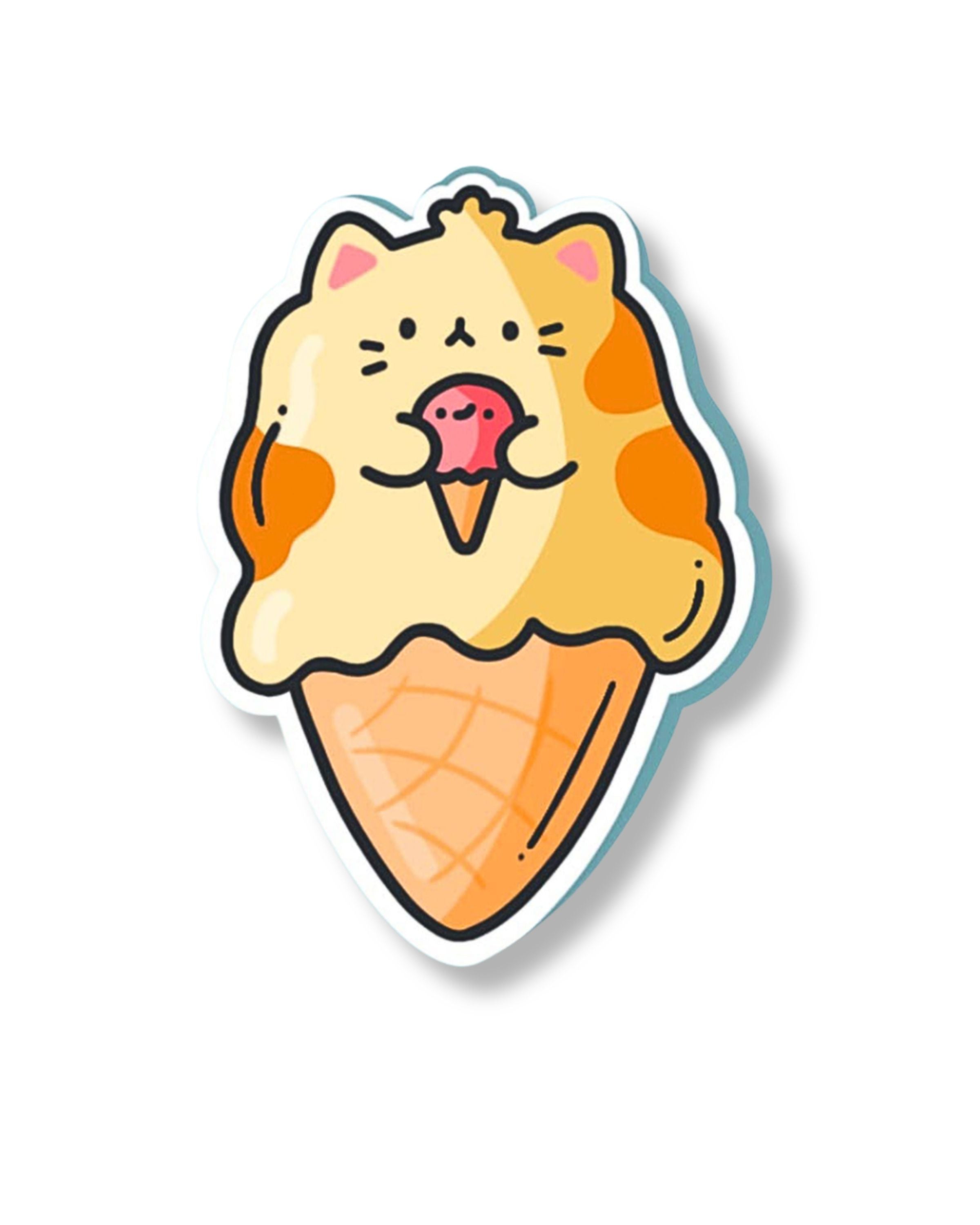Adorable Toastedink vinyl sticker of a cartoon cat turned into an ice cream cone, placed on a blue desk surface with yellow flowers, blueberries, and a white keyboard nearby.