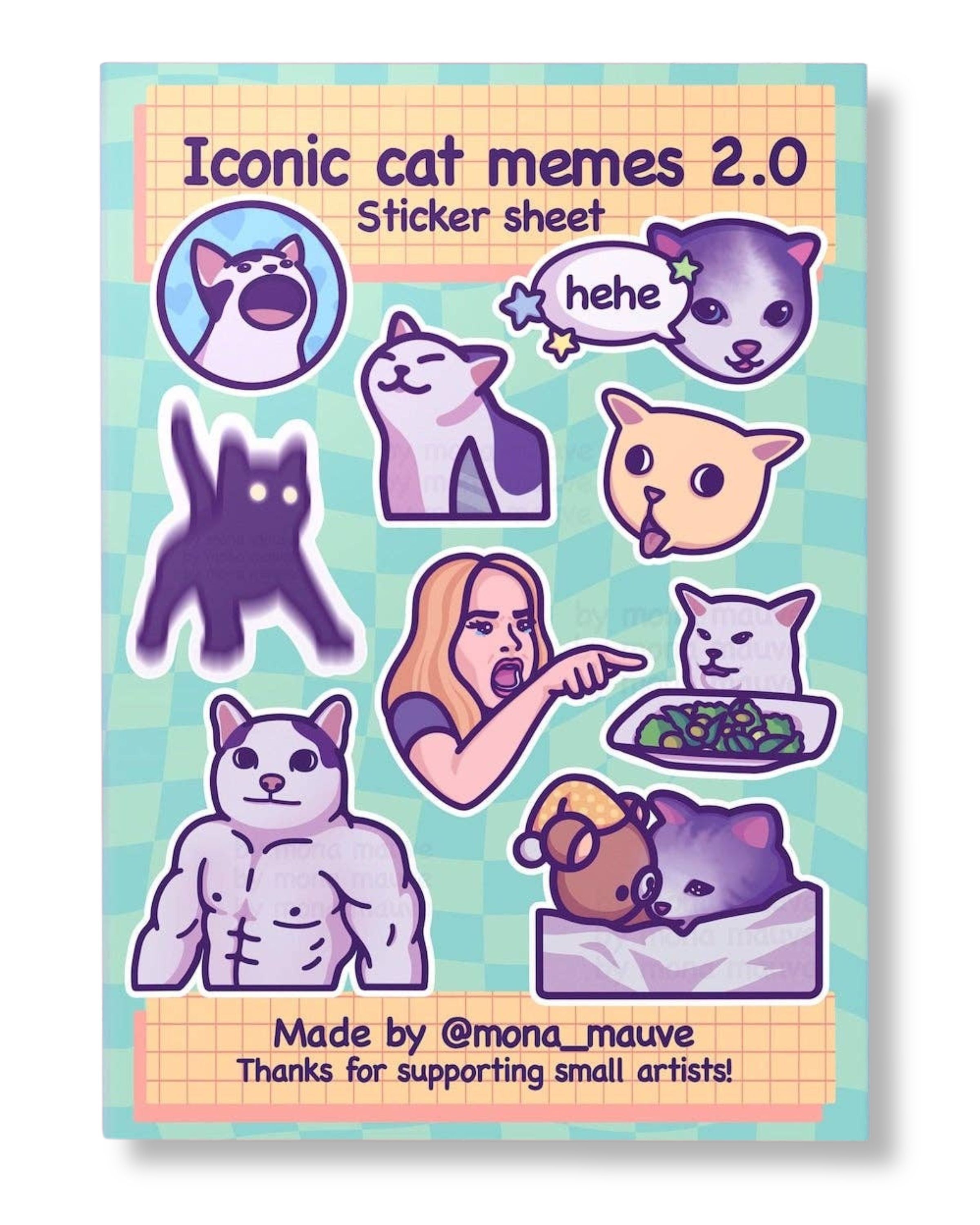 Sticker sheet with cat-themed illustrations on a colorful background
