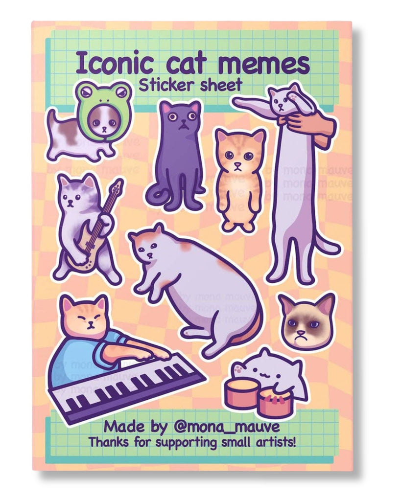 Sticker sheet with cartoon cats on a colorful background