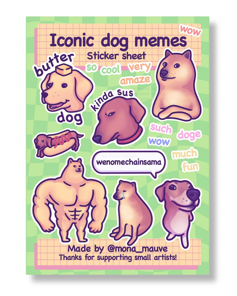 Sticker sheet with dog memes on a green checkered background