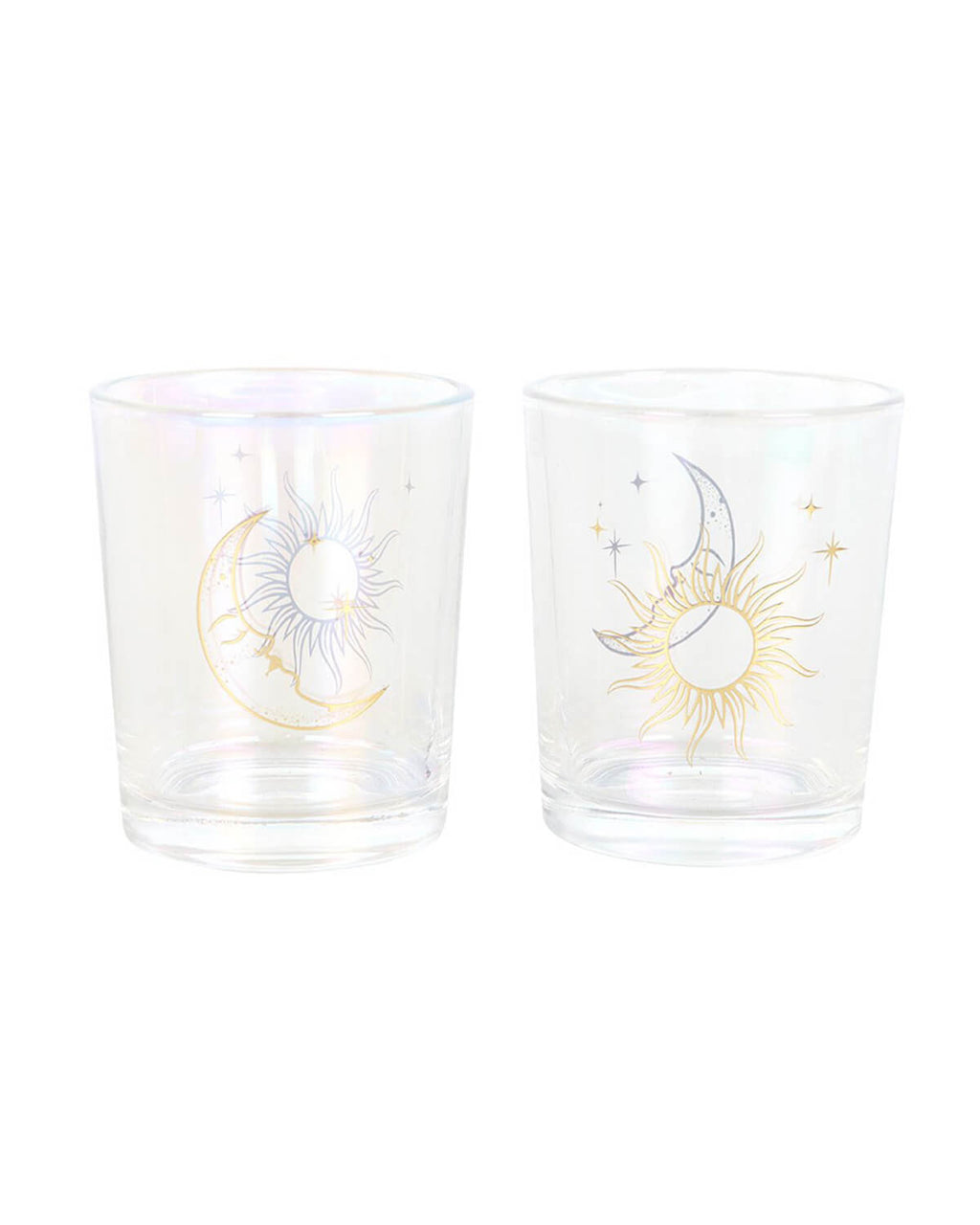 Two glass votive candle holders with iridescent sheen and gold foil designs – one featuring a sun and moon motif, the other with a crescent moon and sunburst.