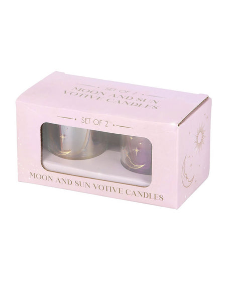 🌞🌙 Iridescent Sun and Moon Votive Candle Holders – Set of 2

Let the magical energies of the sun and moon glow and sparkle with this enchanting set of 2 iridescent glass candle holders. With shimmering gold foil details and a soft, colour-shifting finish, they cast a dreamy glow that promotes peace and renewal as they twinkle in the moonlight. Perfect for adding a celestial touch to any room.

✨ Features:
🌟 Set of 2 iridescent glass candle holders
🌞 One holder with a sun design, one with a moon design
