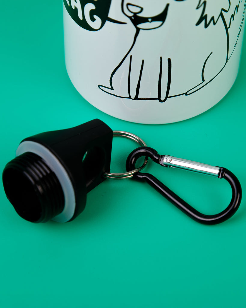 Close-up of the screw-top black plastic lid with silver and black carabiner from the Rebel Romance aluminium water bottle. The base of the quirky cartoon hyena print is also visible.