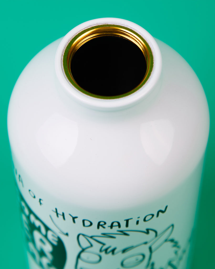 Close-up of the open top of the Rebel Romance aluminium water bottle, showing the metal threading. The bottle features a cartoon hyena and reads “The Hyena of Hydration.”