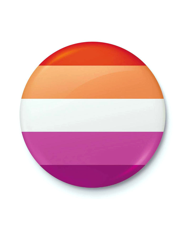 Close-up of the Rebel Romance Lesbian Pride Badge featuring the lesbian flag with bold horizontal stripes in orange, white, and shades of pink. A vibrant pin badge to celebrate lesbian identity and pride. Created by a UK small business embracing LGBTQ+ visibility, alternative fashion, and expressive millennial aesthetics.