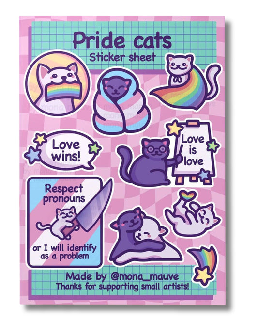Pride cats sticker sheet with various cat illustrations and text on a pink background