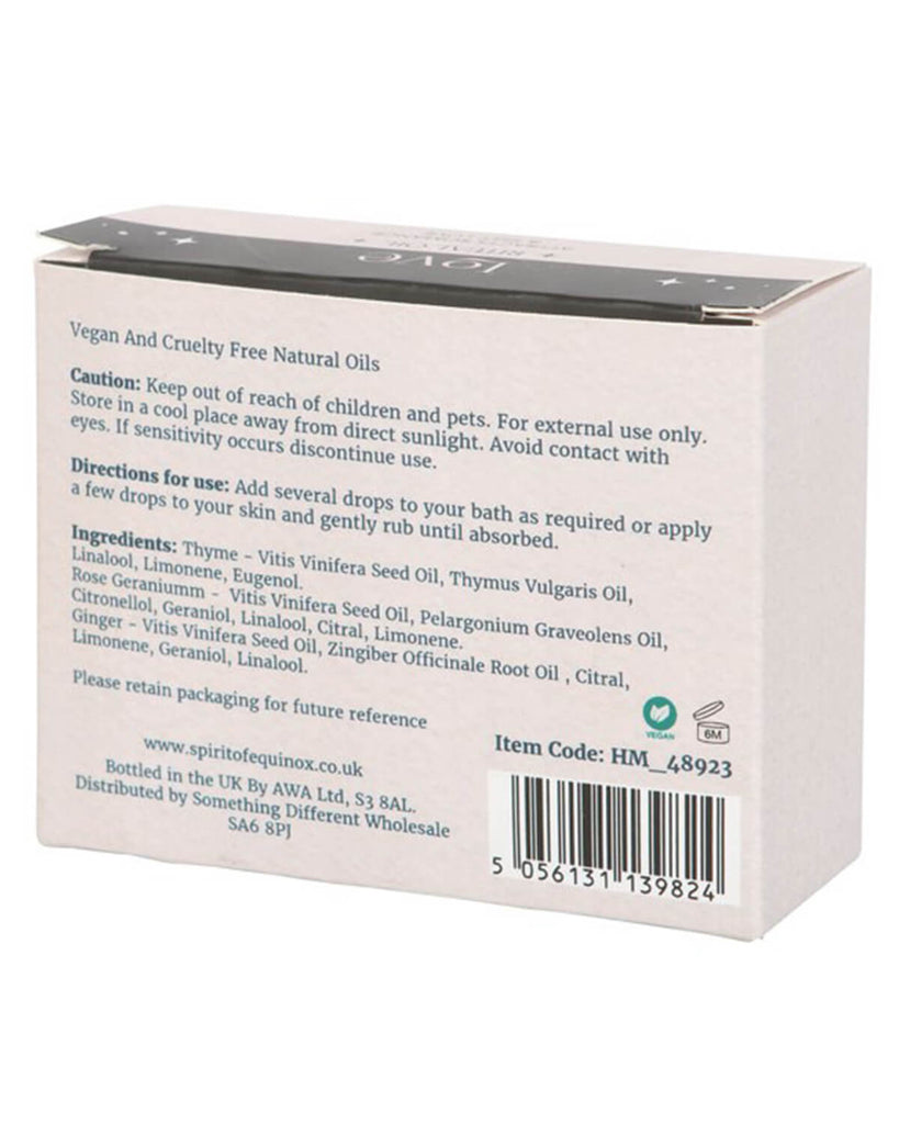 Back of the Love Ritual Essential Oils box displaying ingredients and directions for use.