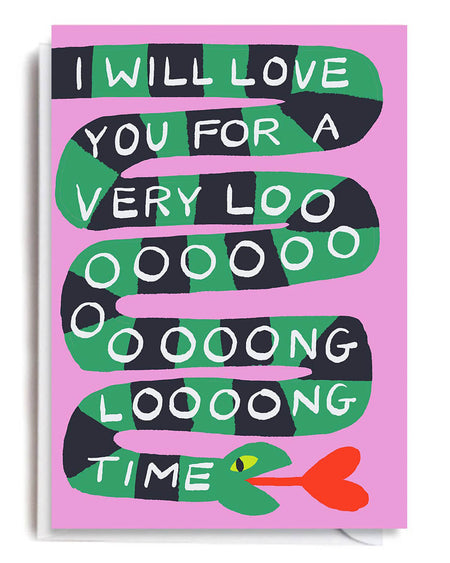 Celebrate long-lasting love with the Love Long Time Snake Card. Featuring a vibrant snake design, this 11.4 x 16.2 cm blank card comes with a white envelope. Perfect for anniversaries or heartfelt messages!