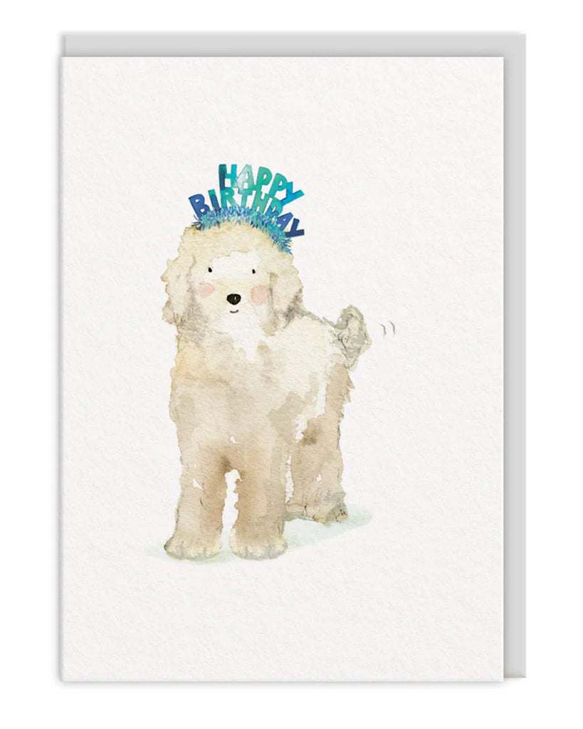 Cute birthday card featuring a fluffy cream dog wearing a blue Happy Birthday headband with a wagging tail Comes with a pastel grey envelope Adorable E Frances greeting card perfect for dog lovers and birthdays