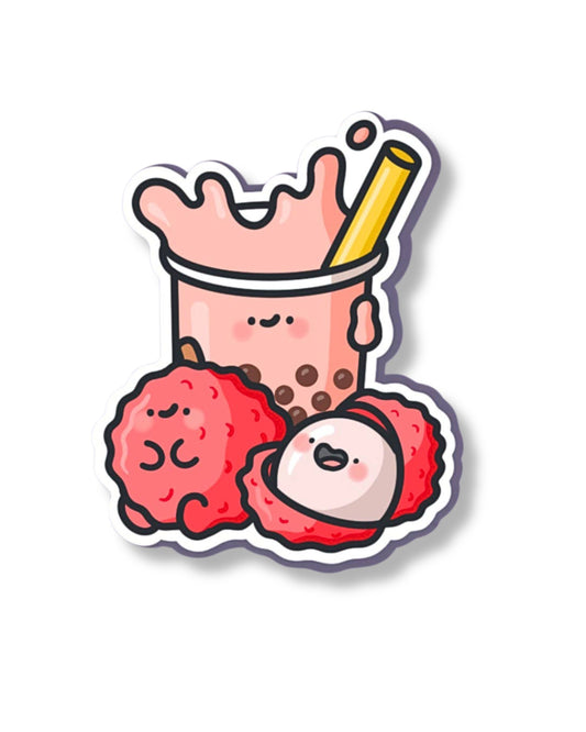 Playful sticker featuring a happy cup of lychee bubble tea and two cute lychee fruits, placed on a lilac background with a postcard nearby. A Toastedink design stocked by Rebel Romance, celebrating fun, fruity and nostalgic vibes for millennials.