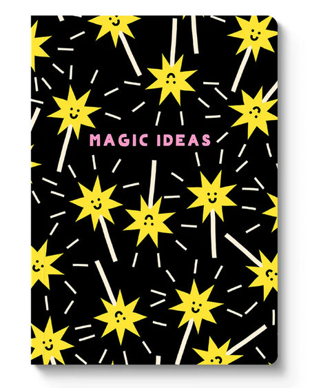 A5 softcover notebook titled “Magic Ideas” with a black background and a playful pattern of yellow smiling magic wands. Designed by Mélanie Johnsson, this perfect bound notebook features 128 pages and measures 215 x 158 mm. Stocked by Rebel Romance, a UK small business offering fun, quirky, and creative stationery for alternative thinkers and magic-loving millennials.