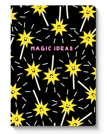 A5 softcover notebook titled “Magic Ideas” with a black background and a playful pattern of yellow smiling magic wands. Designed by Mélanie Johnsson, this perfect bound notebook features 128 pages and measures 215 x 158 mm. Stocked by Rebel Romance, a UK small business offering fun, quirky, and creative stationery for alternative thinkers and magic-loving millennials.