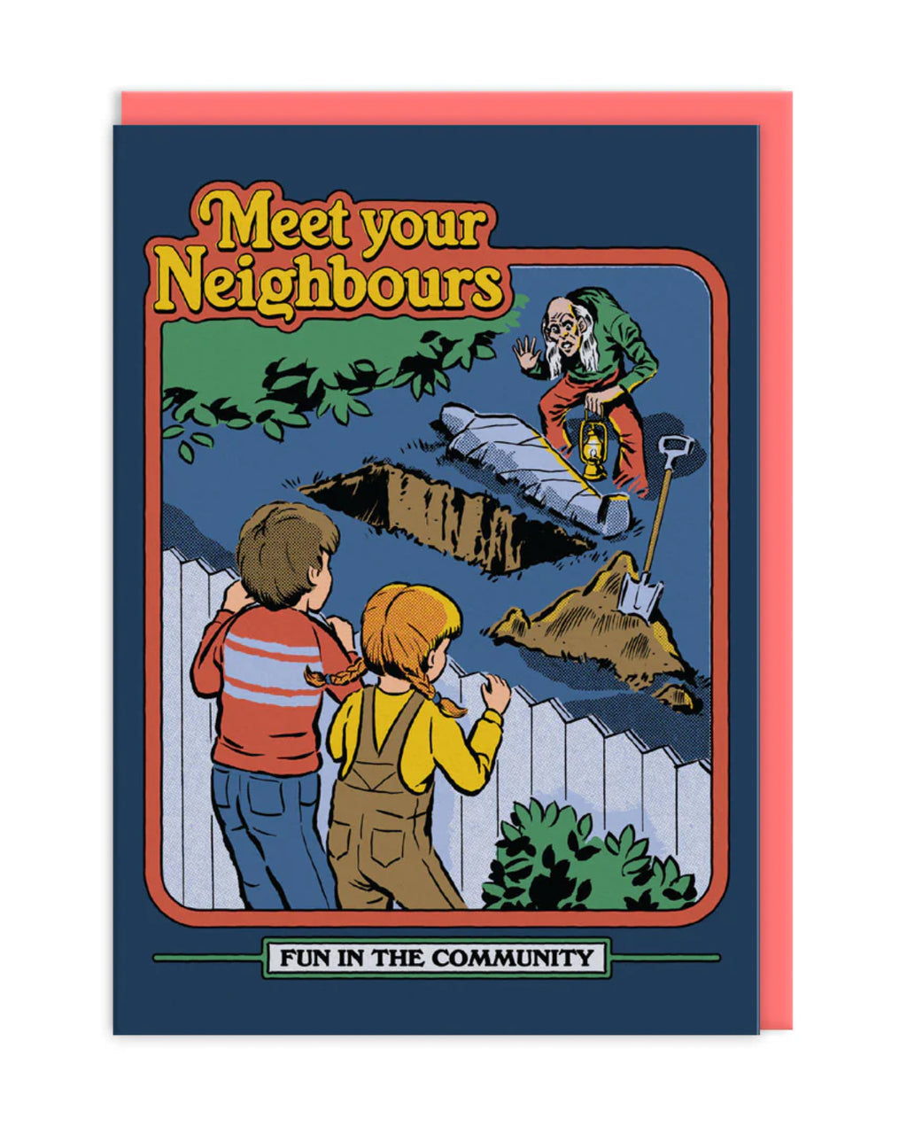 Get to know your neighbours—Steven Rhodes style! 🪦✨ The “Meet Your Neighbours” Greeting Card combines retro charm with hilariously dark humour, making it perfect for the quirky and unconventional moments in life. Featuring a fun twist on community spirit, this card is ideal for those who enjoy a little macabre with their greetings.

•Size: A6 (105 x 148mm)

•Blank inside: Space for your personalised message, whether spooky or sweet.

•Includes envelope: Vibrant and fun—colour may vary for a delightful surp
