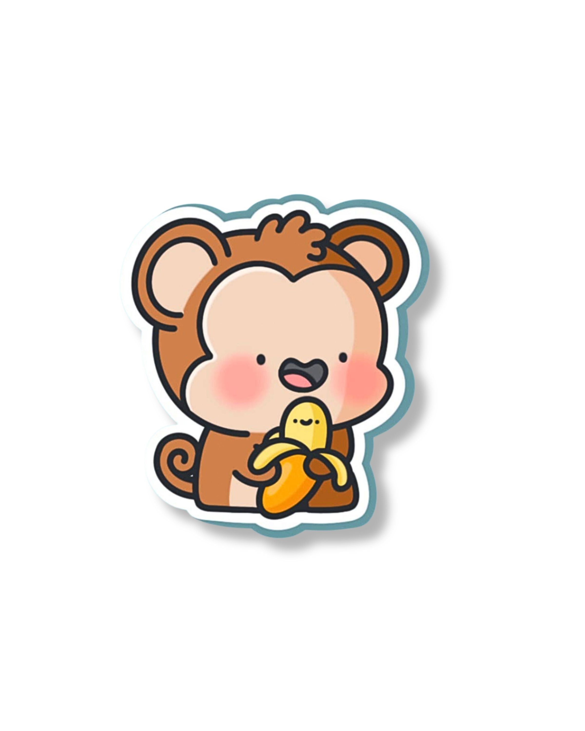 Sticker of a cartoon monkey holding a banana on a white background