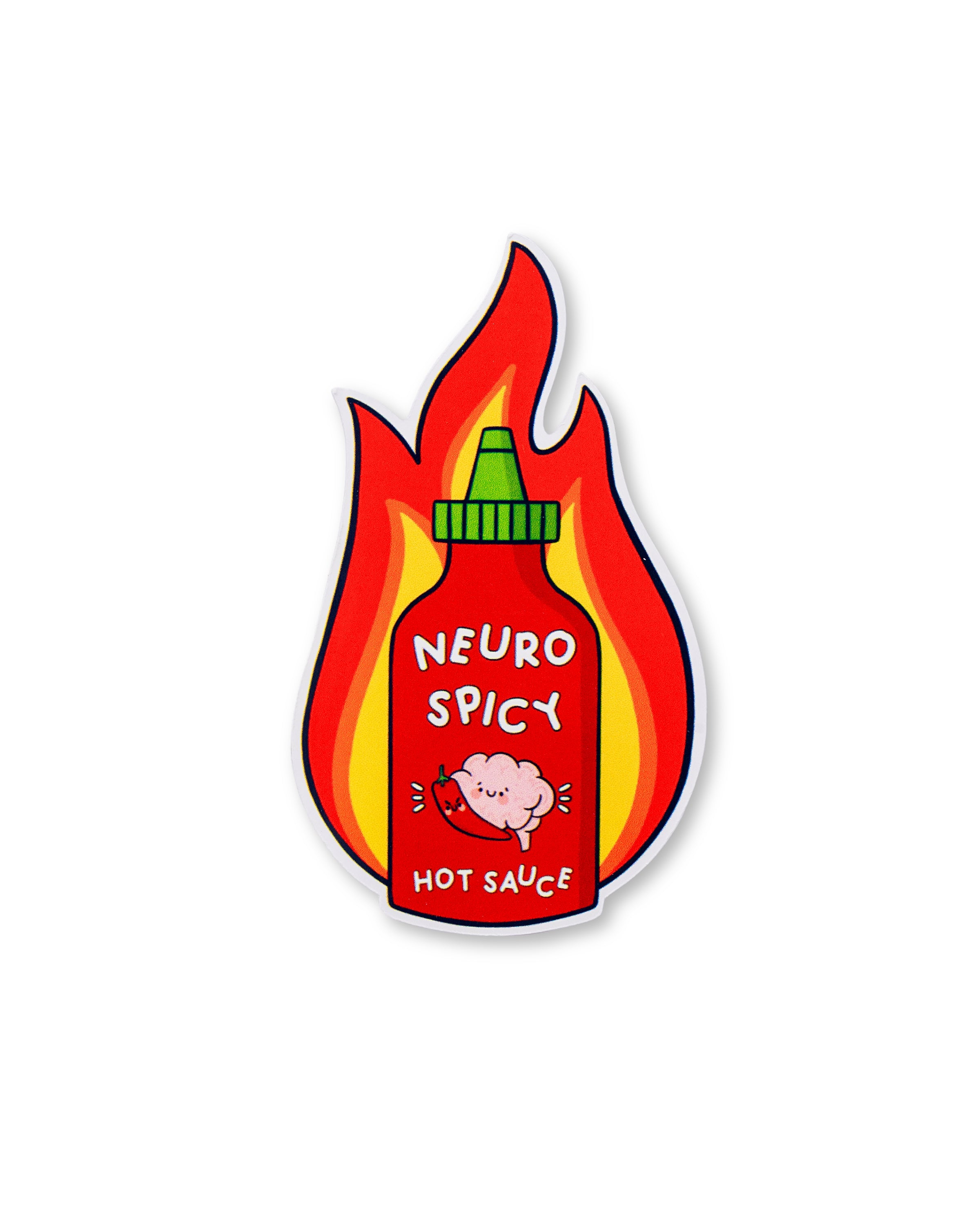 Hot sauce bottle with flames labeled 'Neuro Spicy Hot Sauce' on a white background