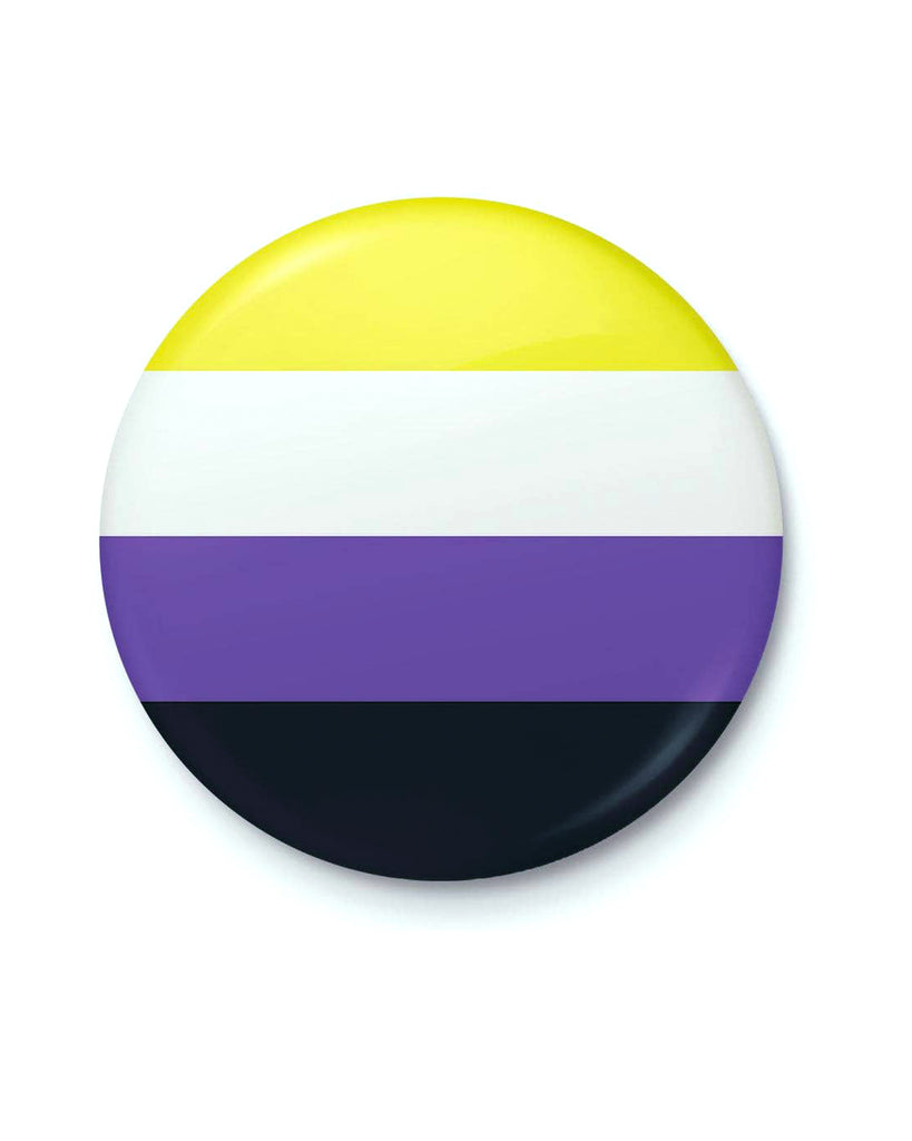 Close-up of the Rebel Romance Non Binary Pride Badge featuring the yellow, white, purple, and black striped non-binary flag. A bold and inclusive pin badge celebrating gender diversity and non-binary identity. Designed by a UK small business embracing queer pride, alternative style, and expressive millennial fashion.