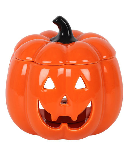Close-up front view highlighting the glossy ceramic finish and grinning Jack-O’-Lantern face.