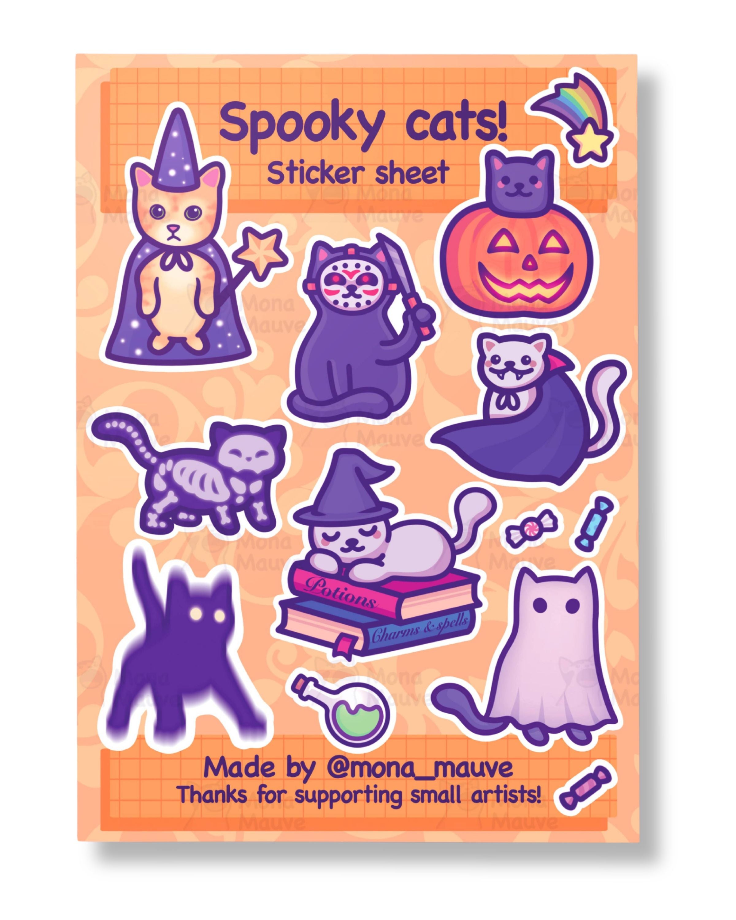 Sticker sheet with Halloween-themed cats on an orange background