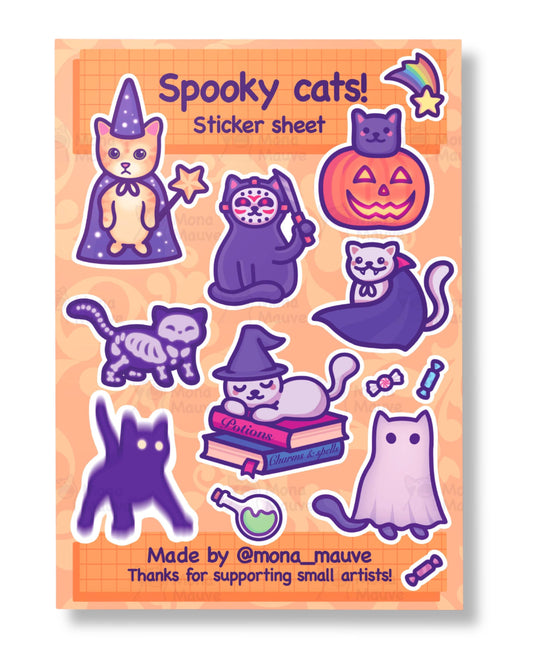 Sticker sheet with Halloween-themed cats on an orange background