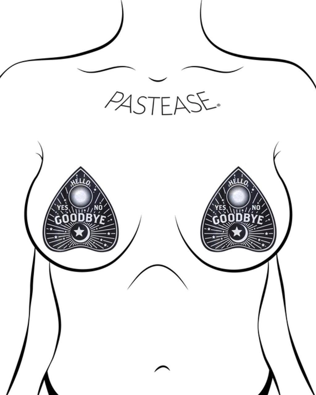 The Ouija Planchette Nipple Pasties by Pastease. Two ouija board planchette nipple covers shown on a femme body outline for size reference on a white background.