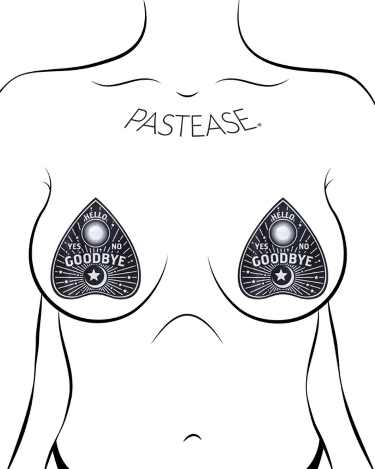 The Ouija Planchette Nipple Pasties by Pastease. Two ouija board planchette nipple covers shown on a femme body outline for size reference on a white background.
