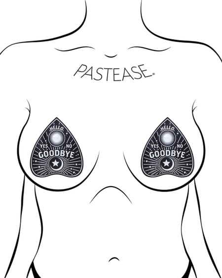 The Ouija Planchette Nipple Pasties by Pastease. Two ouija board planchette nipple covers shown on a femme body outline for size reference on a white background.