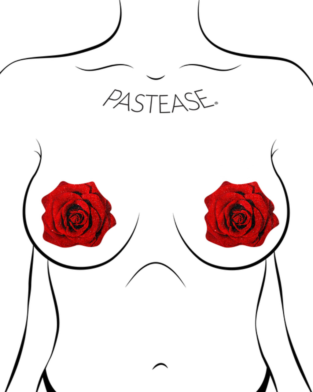 The Rose: Red Glitter Velvet Blooming Rose Nipple Pasties by Pastease. Two red glittery sparkling rose nipple covers shown on a femme body outline for size reference on a white background.