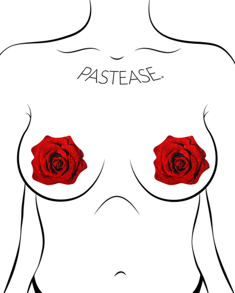 The Rose: Red Glitter Velvet Blooming Rose Nipple Pasties by Pastease. Two red glittery sparkling rose nipple covers shown on a femme body outline for size reference on a white background.