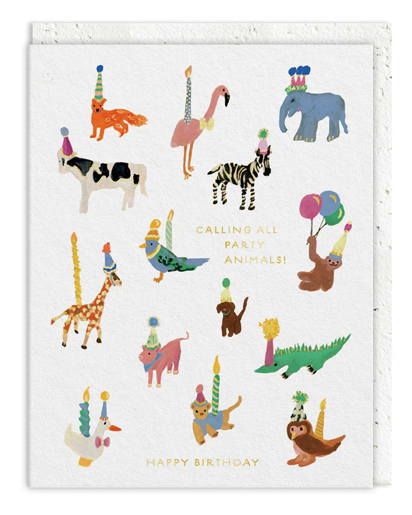 Colourful birthday card featuring illustrated animals like giraffes, flamingos and sloths wearing party hats with gold foil details and the text Calling All Party Animals Happy Birthday Comes with a plantable wildflower seed envelope by Seedlings